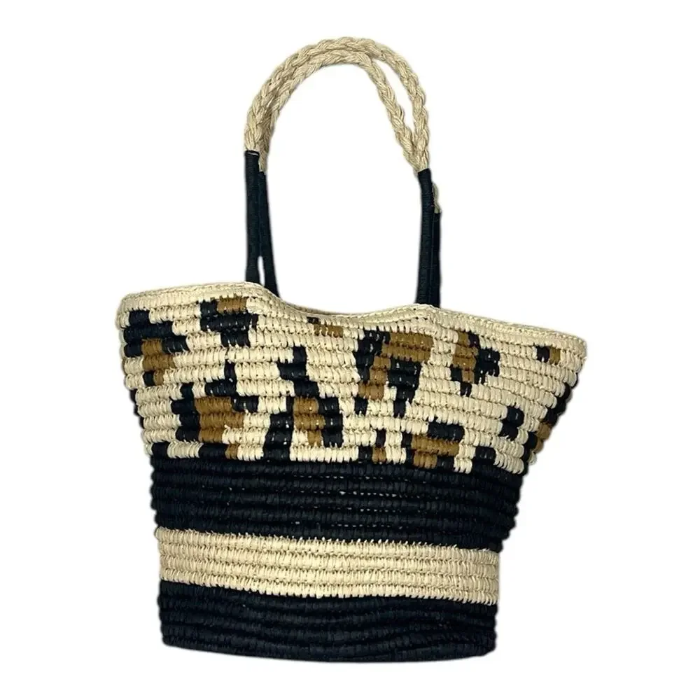 Women’s Tote Bag Woven Braided Casual Zip Closure Black Natural Size Large